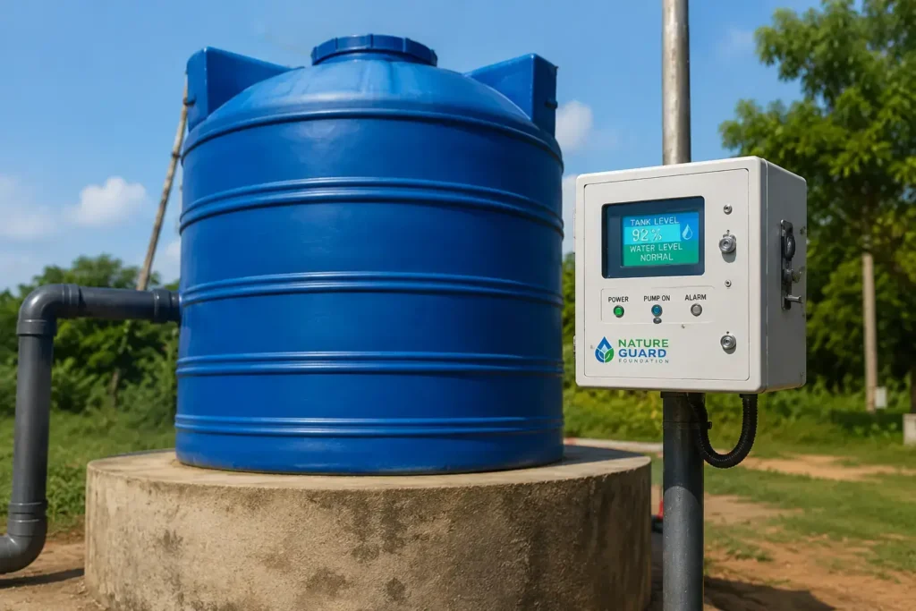 Smart automatic water controller installed with a blue water tank to prevent overflow and conserve water